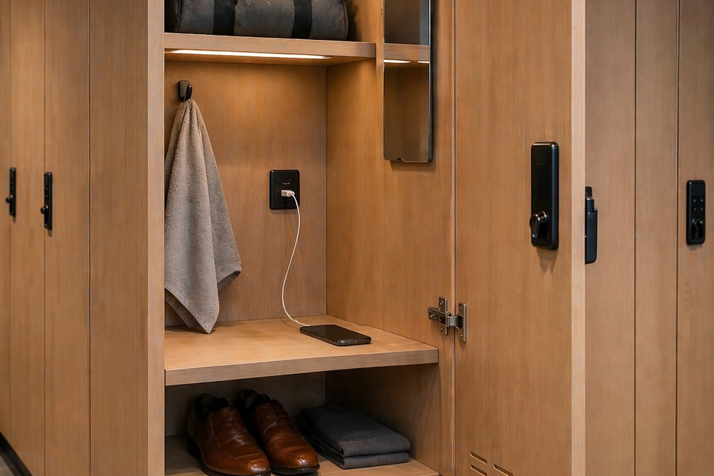 Fenolock locker equipped with space for clothing, shoes, personal items and integrated charging solution