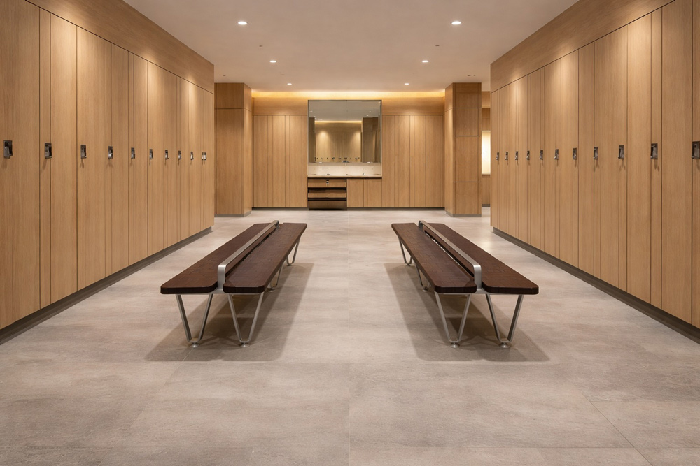 Premium locker room with central benches and warm lighting for a comfortable experience